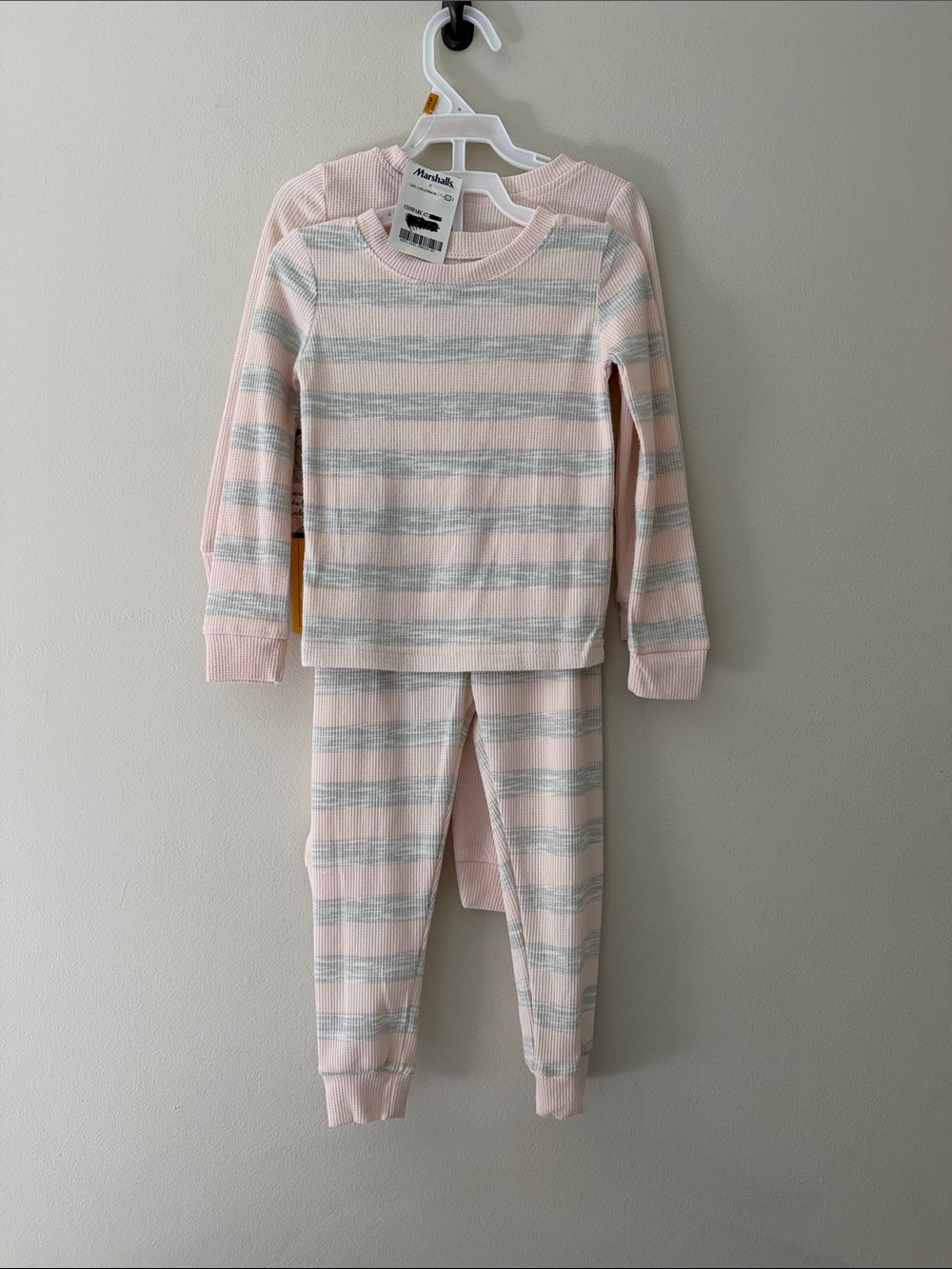 BearPaw Pink and Gray Striped Kids Thermal Pajama Set